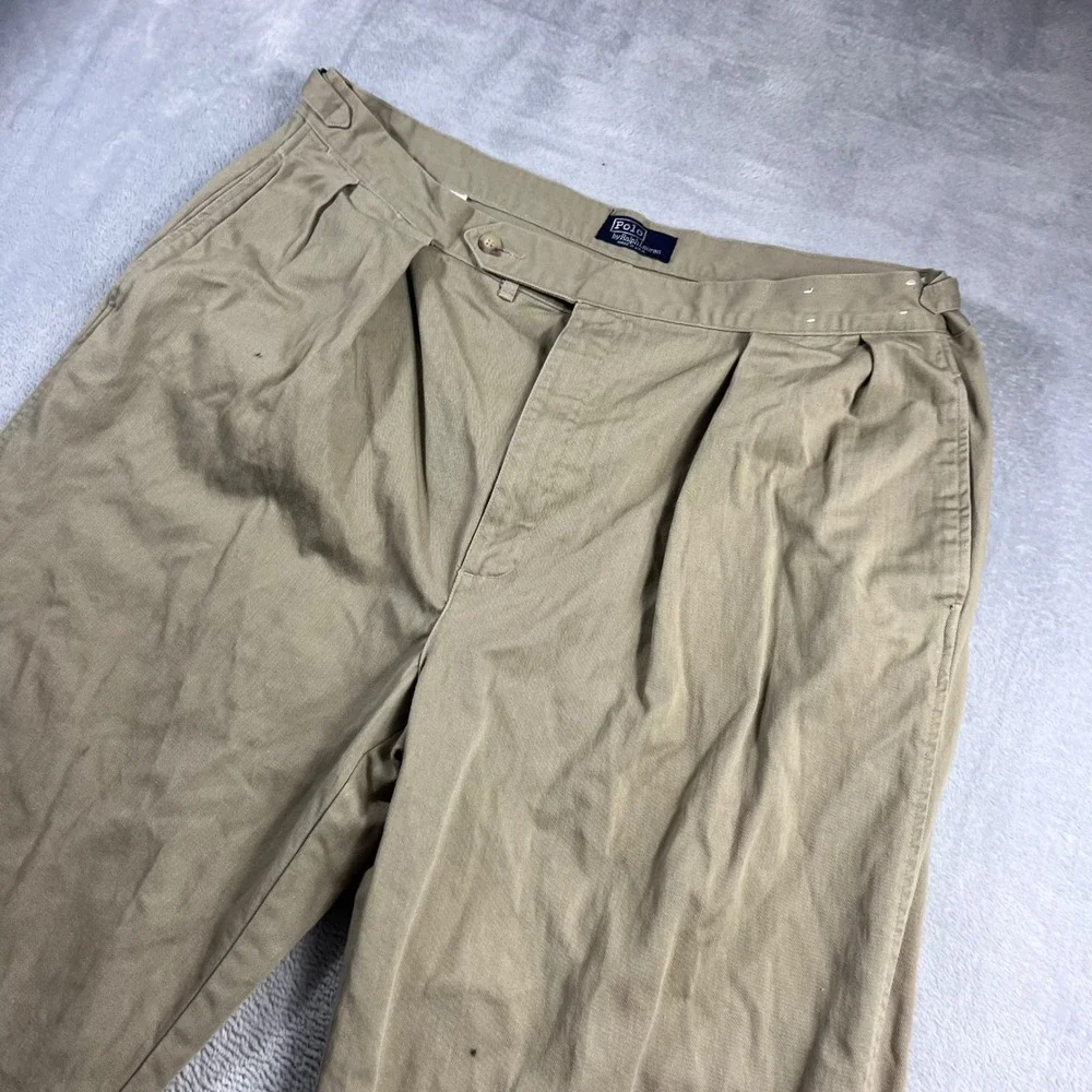 Polo Ralph Lauren Mens 42x30 Pleated Chino Pants Khaki Tan Made in USA Adjusters